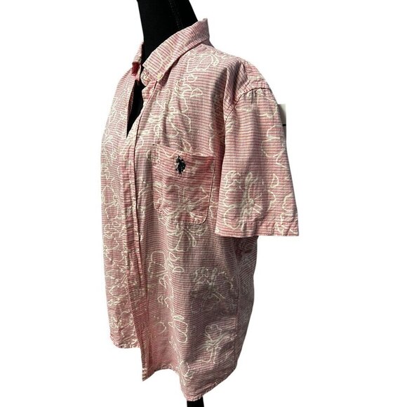 U.S. Polo Assn. Pink & White Floral Short Sleeve Button-Down Shirt, Vacation, re - Picture 3 of 9